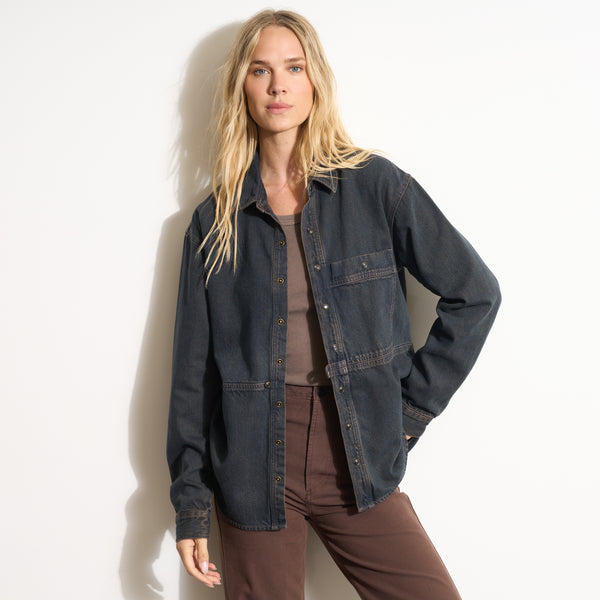 Womens Celeste Oversized Denim Shirt Jacket WWTP0012 Hickory Blues