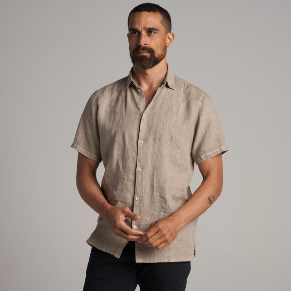 Mens Lyons Short Sleeve Linen Shirt MWTP0014 Stone