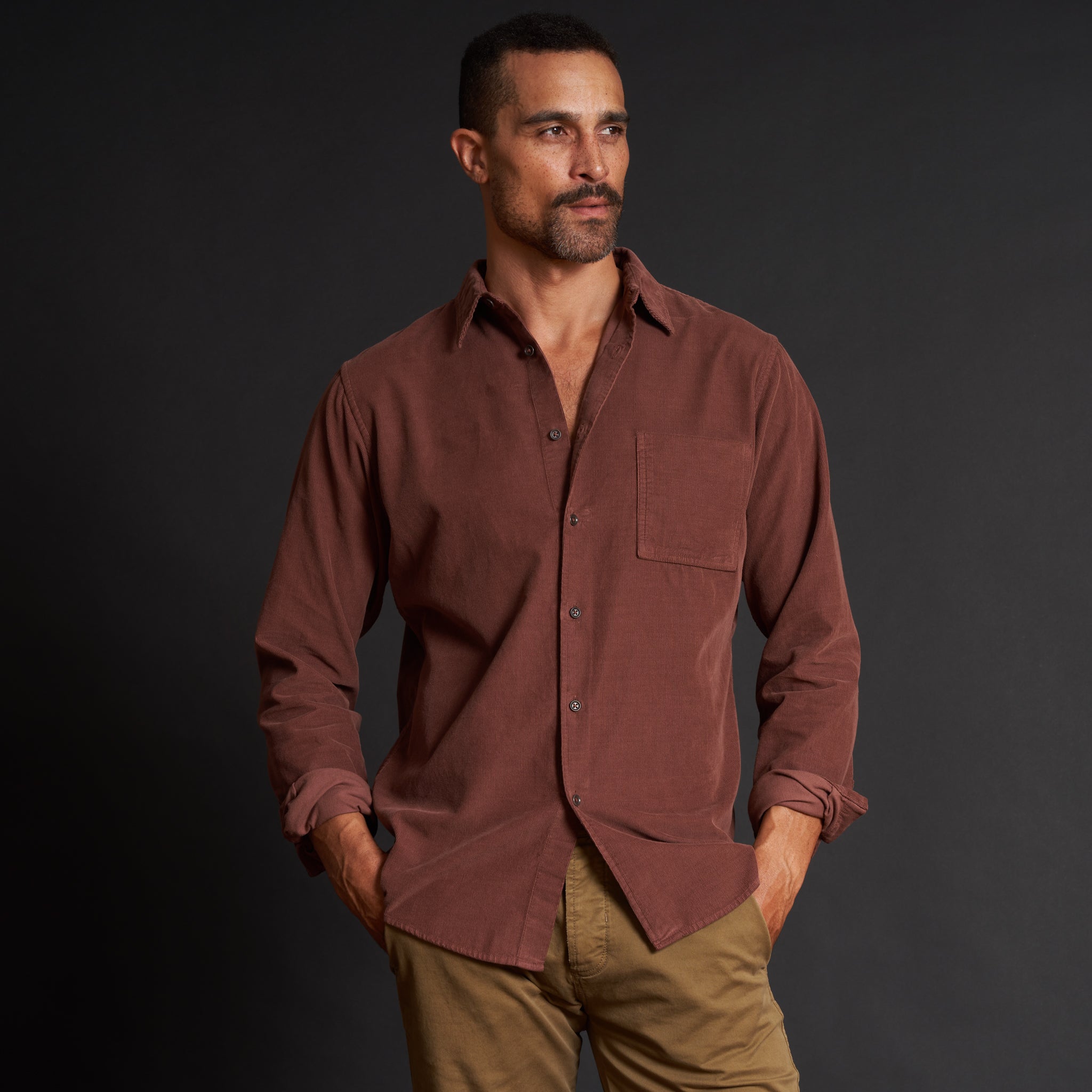 【ENOF】long sleeve cord shirt O'Neill Caruso Solid Long Sleeve Shirt in Dark Khaki