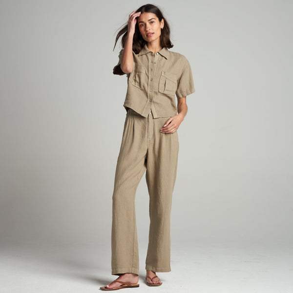 Womens Sloane Short Sleeve Linen Blouse WWTP0010 Harvest
