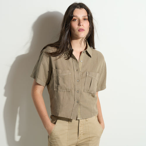 Womens Sloane Short Sleeve Linen Blouse WWTP0010 Harvest