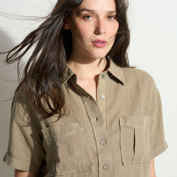 Womens Sloane Short Sleeve Linen Blouse WWTP0010 Harvest