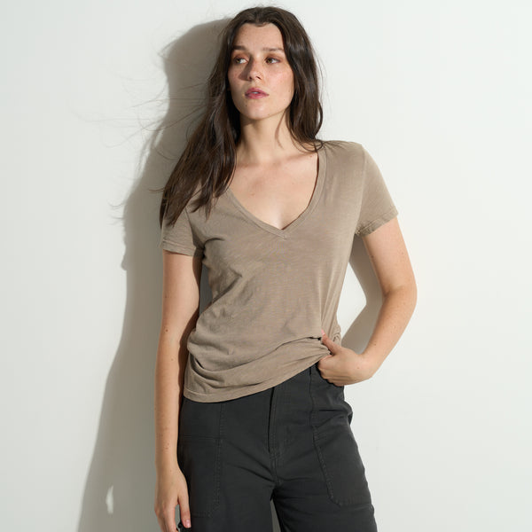 Womens Tyler Deep V Neck Slub Tee WKTP0017 Stone