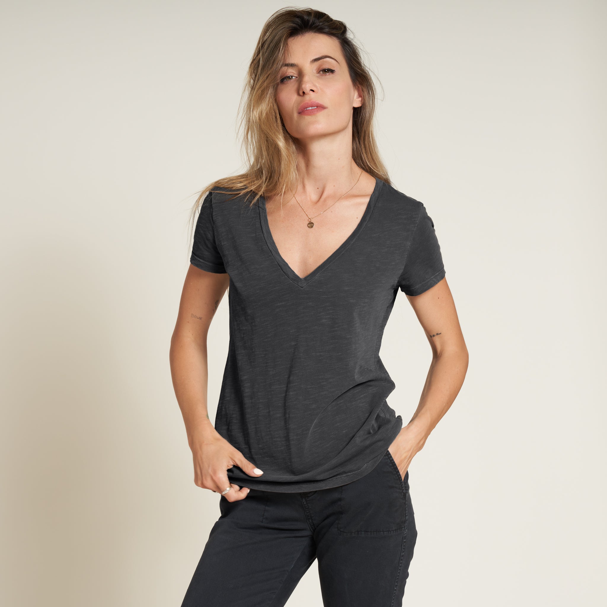 Tyler Deep V Neck Slub Tee Rowan