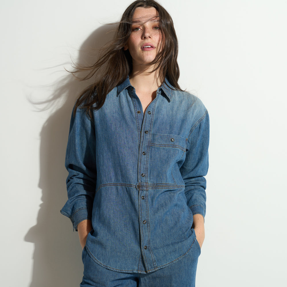 Womens Celeste Oversized Japanese Denim Shirt WWTP0012FD Vintage Blue