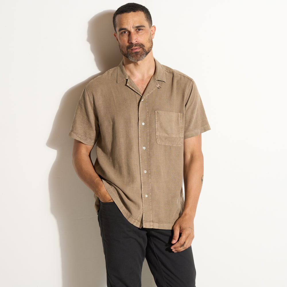 Mens Zion Linen Tabby Weave Camp Shirt MWTP0022 Stone