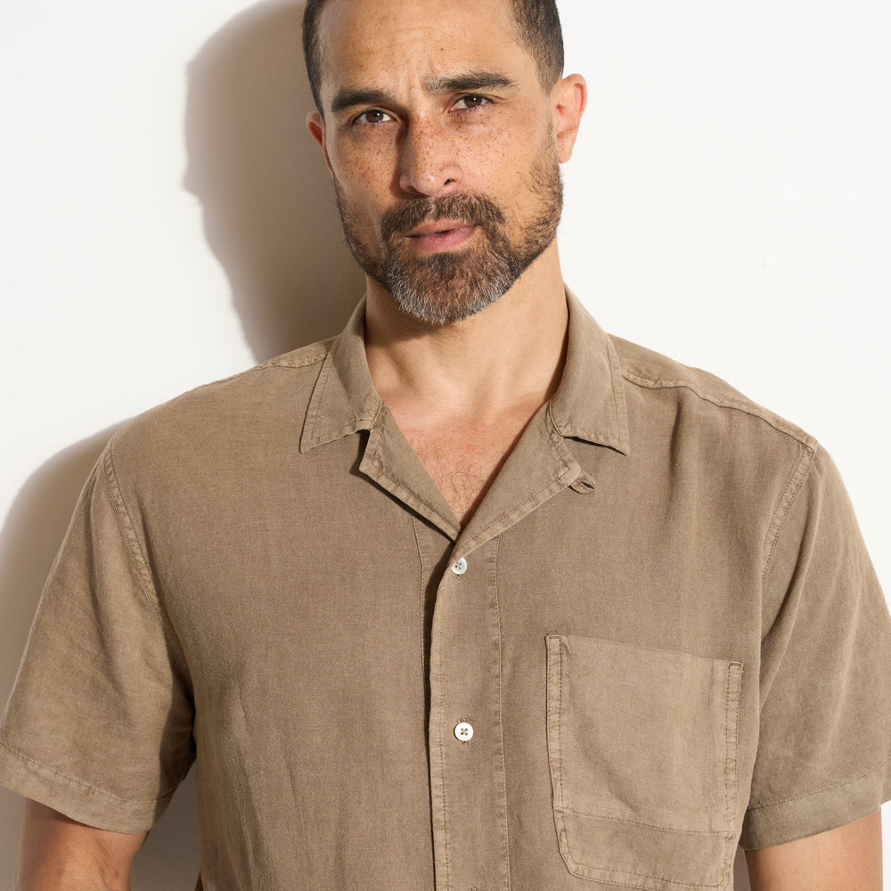 Mens Zion Linen Tabby Weave Camp Shirt MWTP0022 Stone
