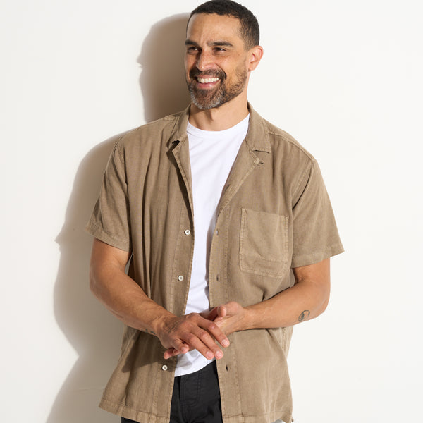 Mens Zion Linen Tabby Weave Camp Shirt MWTP0022 Stone