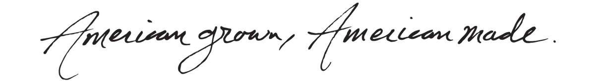 Text 'American grown, American made.' in cursive on a transparent background