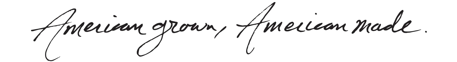 Text 'American grown, American made.' in cursive on a transparent background