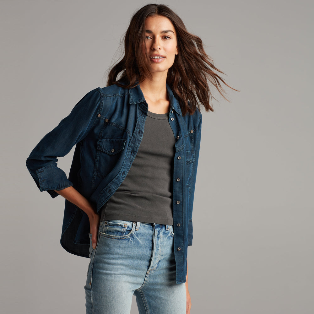 Womens Florence Western Chambray Shirt WWTP0003 Mid Indigo Glow
