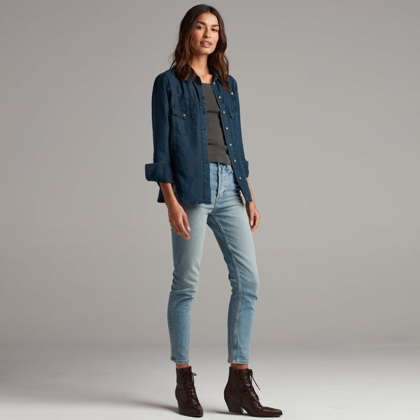Womens Florence Western Chambray Shirt WWTP0003 Mid Indigo Glow