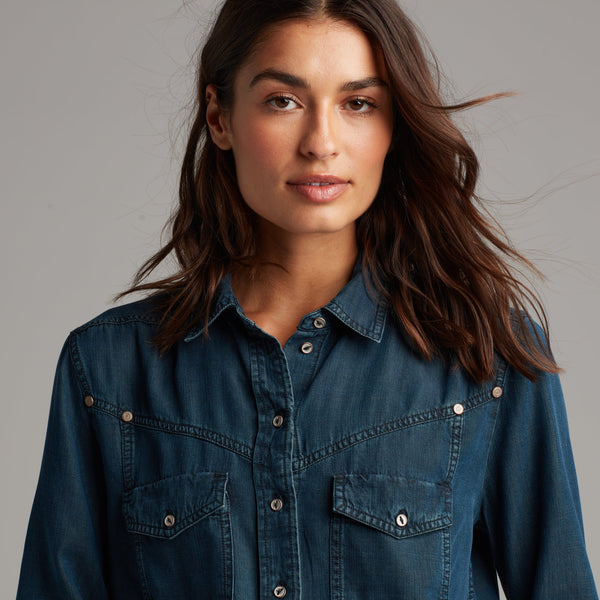 Womens Florence Western Chambray Shirt WWTP0003 Mid Indigo Glow