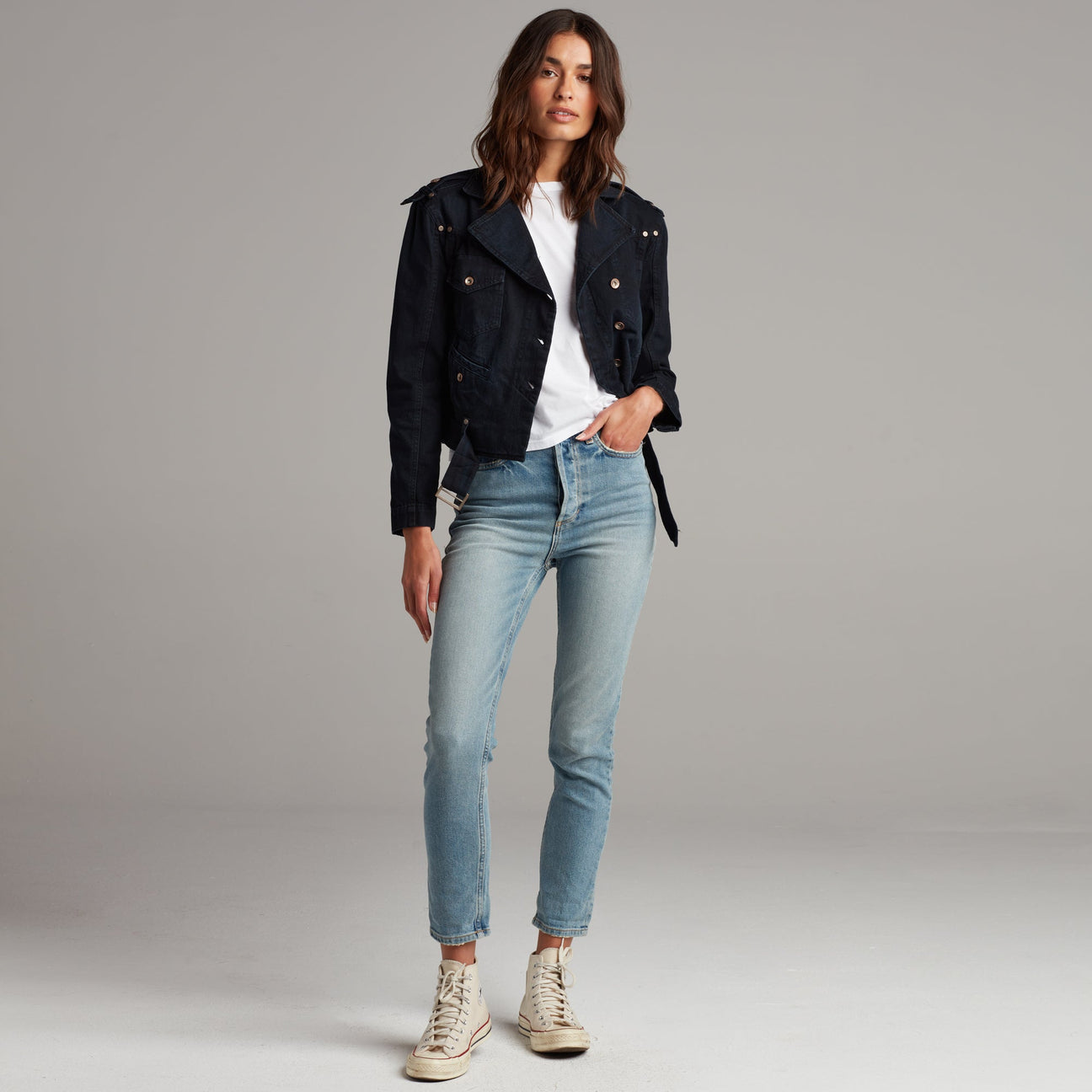 ジャケット・アウター no mass prod cropped moto denim jacket L no mass prod cropped moto denim jacket