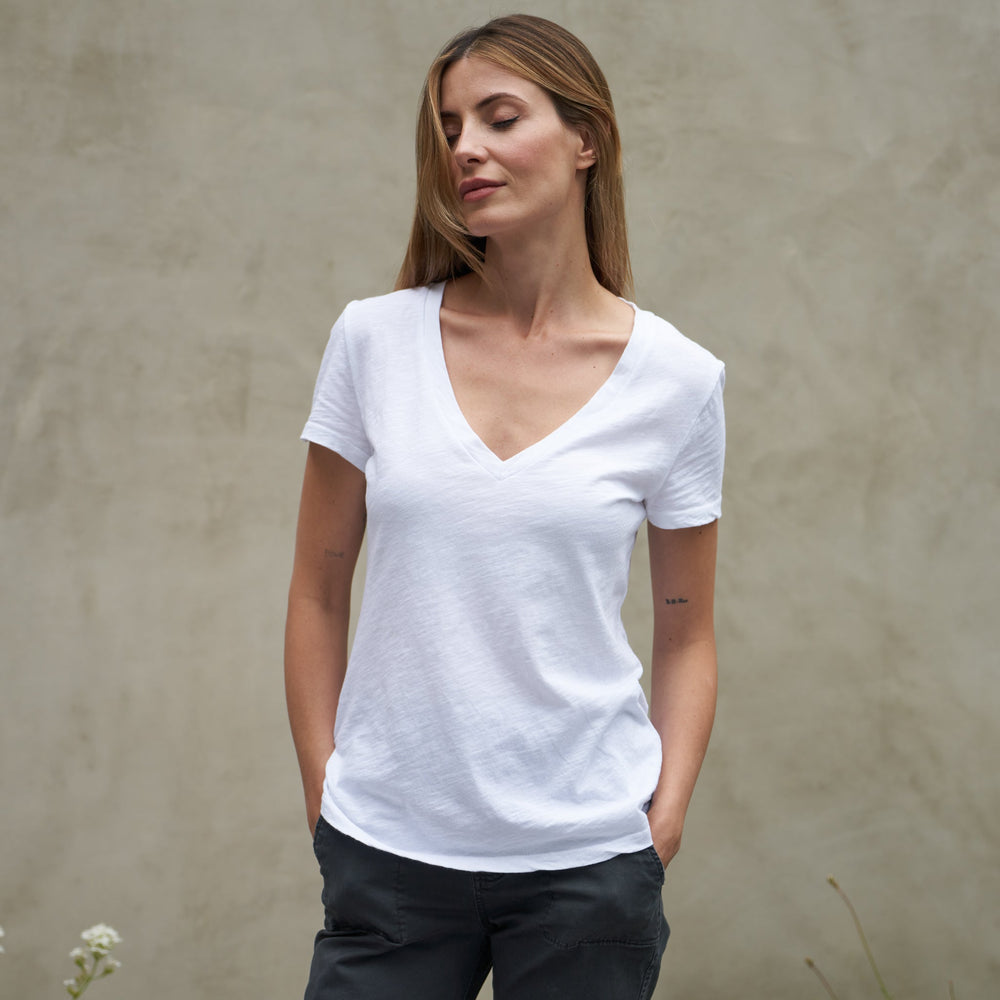 Womens Tyler Deep V Neck Slub Tee WKTP0017 White